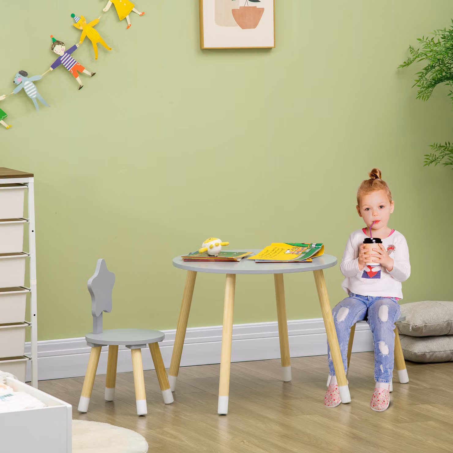 Set con Tavolo e 2 Sgabelli Salvaspazio Aosom per Bambini con Schienale a Stella in MDF e Legno, Grigio – 2