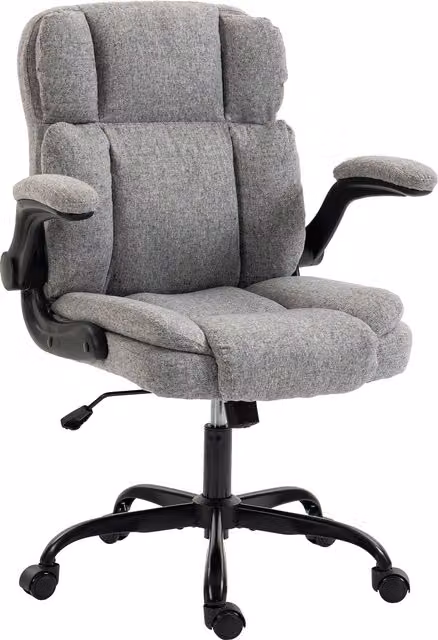 Sedia da ufficio girevole HOMCOM con braccioli ribaltabili, altezza regolabile e dondolo, rivestimento in tessuto effetto lino grigio – 1