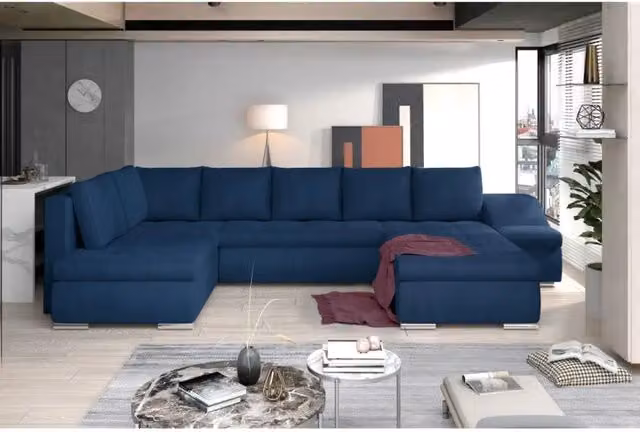 Divano panoramico a U GYOVANI MEUBLORAMA blu scuro con angolo destro, convertibile in letto per 6 persone, con poggiatesta regolabile e struttura in tessuto e metallo – 1