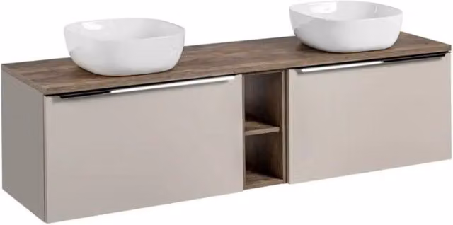 Set da bagno Meublorama VANTA beige: mobile sottolavabo con piano e 2 lavabi bianchi da appoggio L: 180 cm, P: 64 cm, H: 46 cm