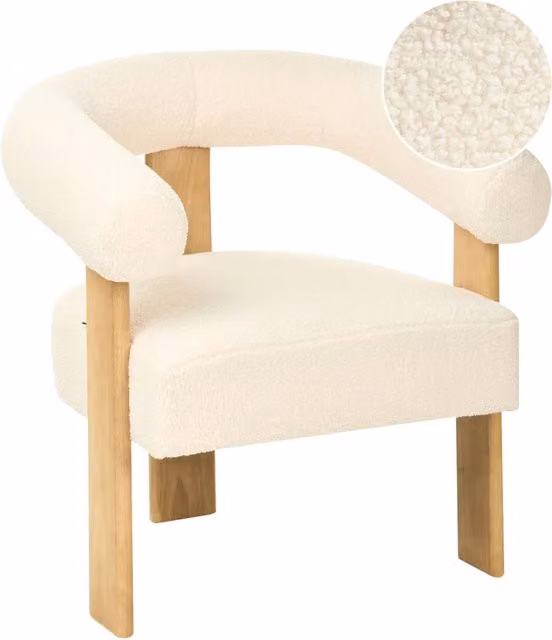 Poltrona bianco sporco e marrone chiaro con rivestimento in bouclé design retrò gambe in legno per soggiorno