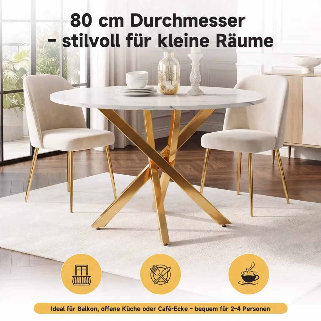 Tavolo rotondo moderno REDOM con piano bianco effetto marmo e gambe in metallo oro, Diametro: 80 cm, Altezza: 75 cm – 2