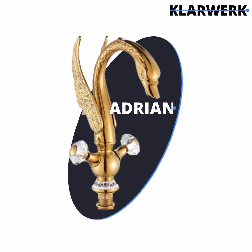 Miscelatore per lavabo indipendente Klarwerk ADRIAN in acciaio inossidabile dorato con design a cigno di lusso – 2