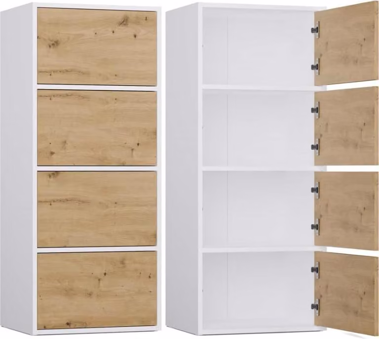 BDW, cassettiera a 4 ante, ALMA, sistema Tip-ON, 50×119×40 cm, bianco / rovere Artisan