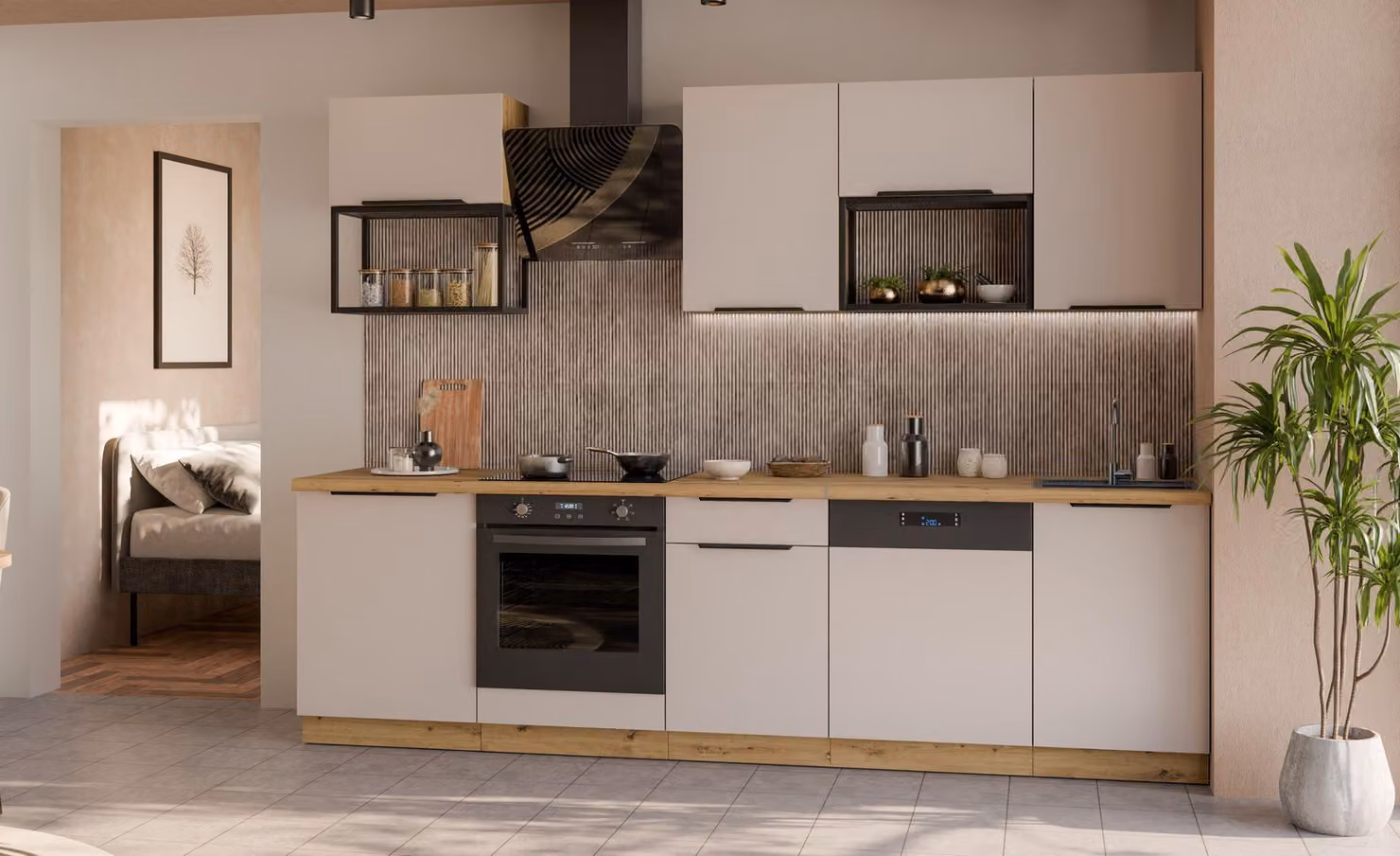Cucina SOLANO BASIC LOFT 280 cm, linea cucina, blocco cucina, cucina componibile, beige cashmere opaco + rovere Artisan opaco