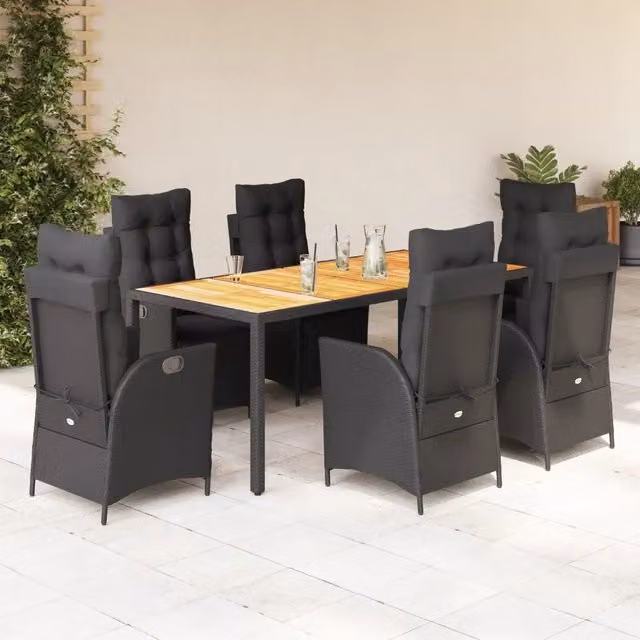 Set da Pranzo da Giardino Moderno vidaXL in Legno di Acacia e Polyrattan Nero 7 Pezzi
