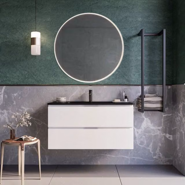 Mobile bagno sospeso 80 cm Bianco lavabo nero opaco Seattle Senza Specchio Bonussi