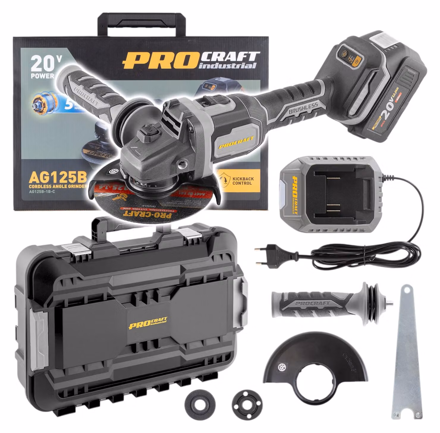 Smerigliatrice angolare a batteria Procraft Industrial AG125B-CD 20 V 125 mm Brushless + 1x batteria 4,0 Ah + caricabatteria + valigetta