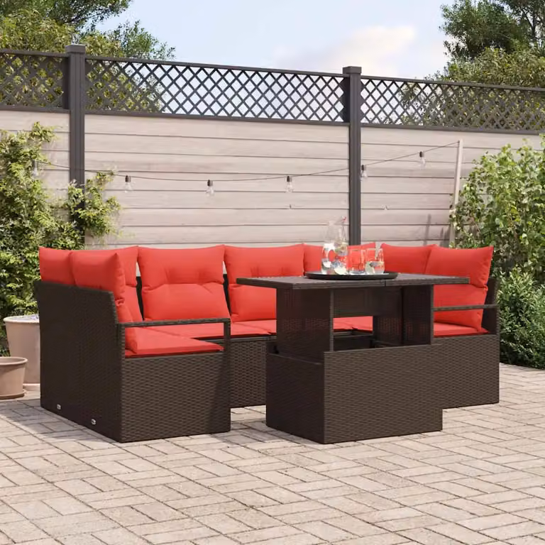 Set Divano da Giardino vidaXL a forma a U composto da 7 pezzi con tavolino, colore marrone e rosso, con struttura in acciaio e cuscini inclusi