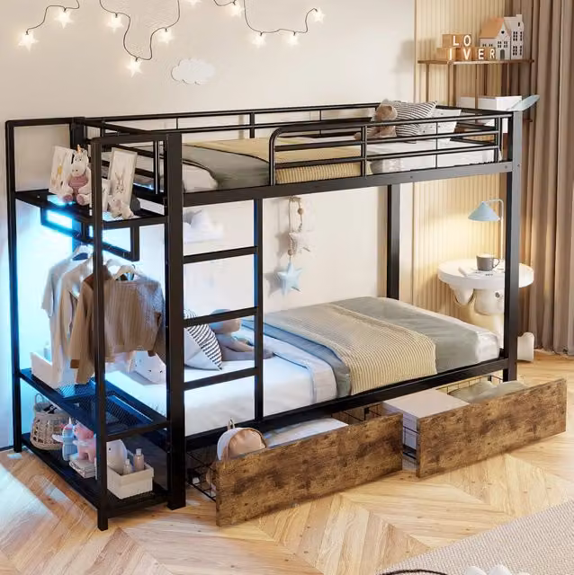 Letto a castello 90x200 cm nero con LED, cassetti e mensole