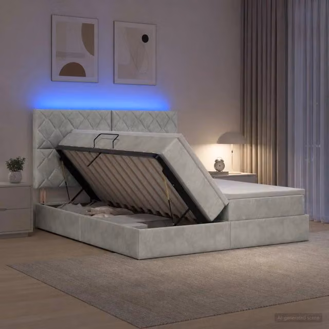 Letto con contenitore vidaXL in velluto grigio con illuminazione LED, porte USB e materasso ibrido, L/P/H: 180 x 200 x 204 cm