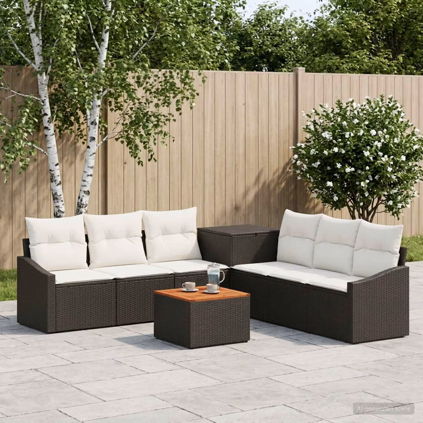 Set di divani da giardino vidaXL a forma di U in polyrattan nero e bianco crema con tavolino da esterno e pouf incluso
