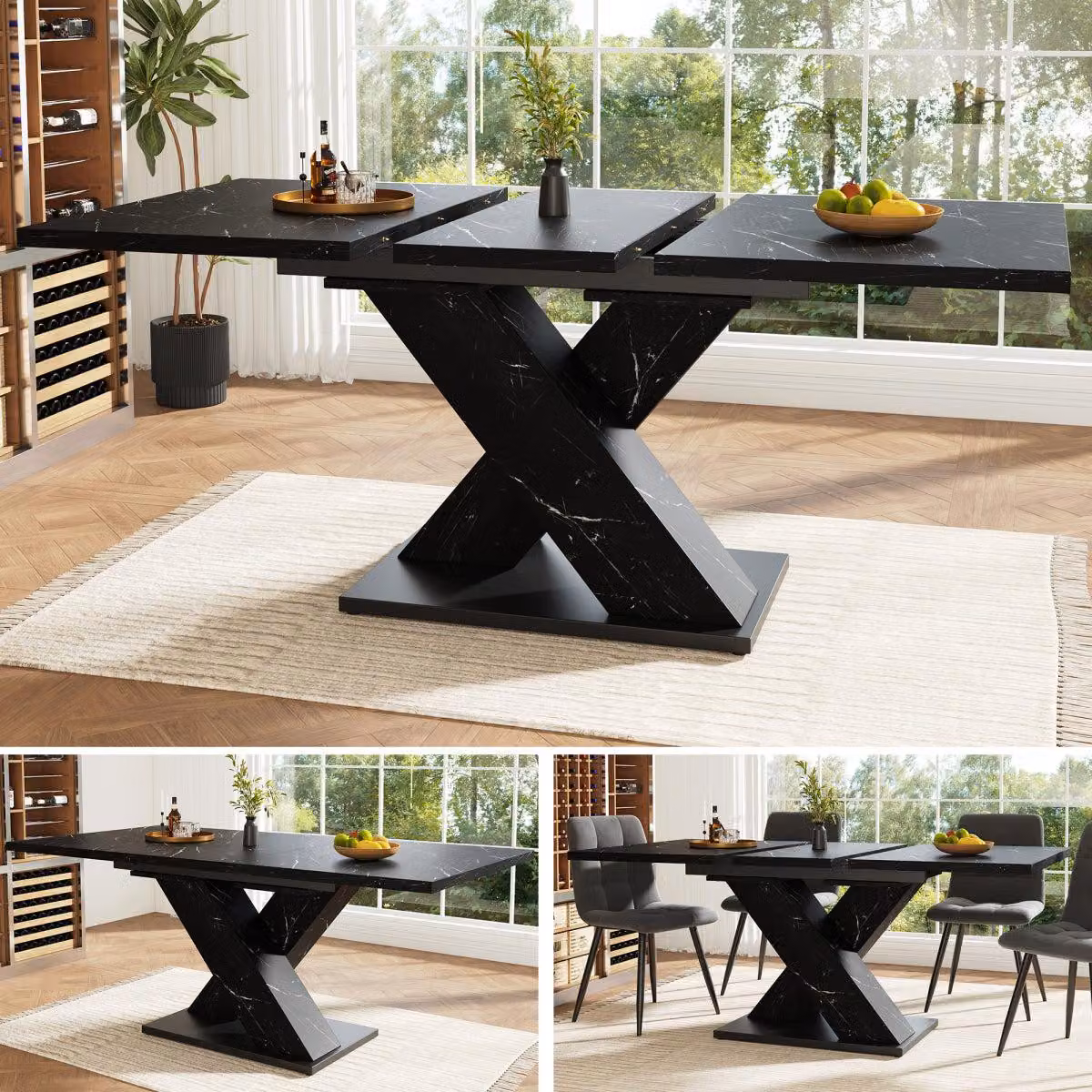 Tavolo da pranzo estendibile nero con effetto marmo, tavolo da pranzo moderno con design a forma di X, adatto per 4-6 persone, dimensioni 119-159x80x75 cm