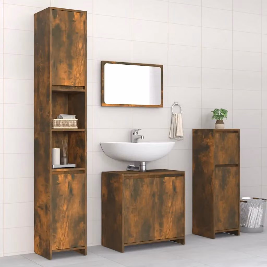 Set Mobili da Bagno Moderno 4 Pezzi in Legno Rovere Fumo Marrone con Specchio, Pensile, Colonna e Mobile Lavabo – 2
