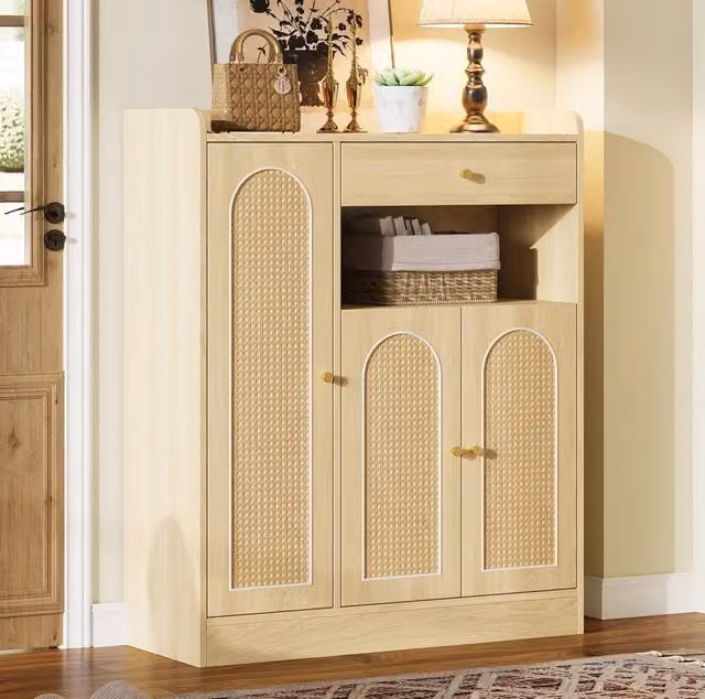 Mobile portascarpe MODFU in rattan e MDF beige con 3 ante e 1 cassetto L/P/H: 90 x 35 x 110 cm