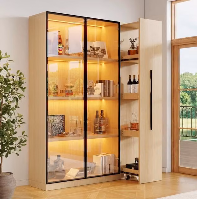 Vetrina ULEVR 110,5x35x160 cm con LED, anta in vetro e modulo laterale estraibile su ruote, effetto rovere