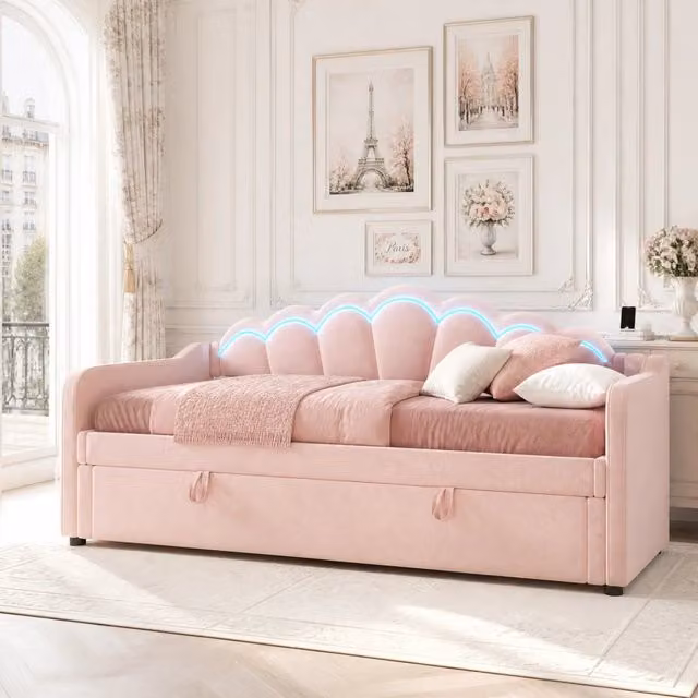 Letto singolo rosa 90x200 cm in velluto con contenitore idraulico e LED