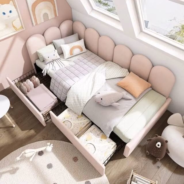 Letto imbottito 90x200 cm con cassetti portaoggetti; divano letto e letto diurno; molla a doghe; velluto; rosa