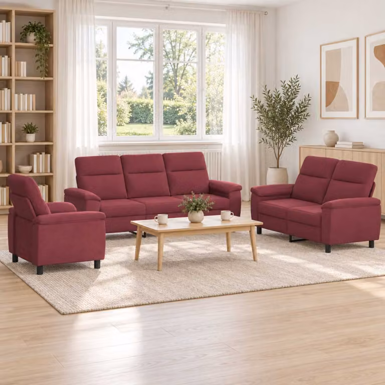 Set di 3 divani moderni vidaXL in tessuto rosso con struttura in metallo e cuscini inclusi