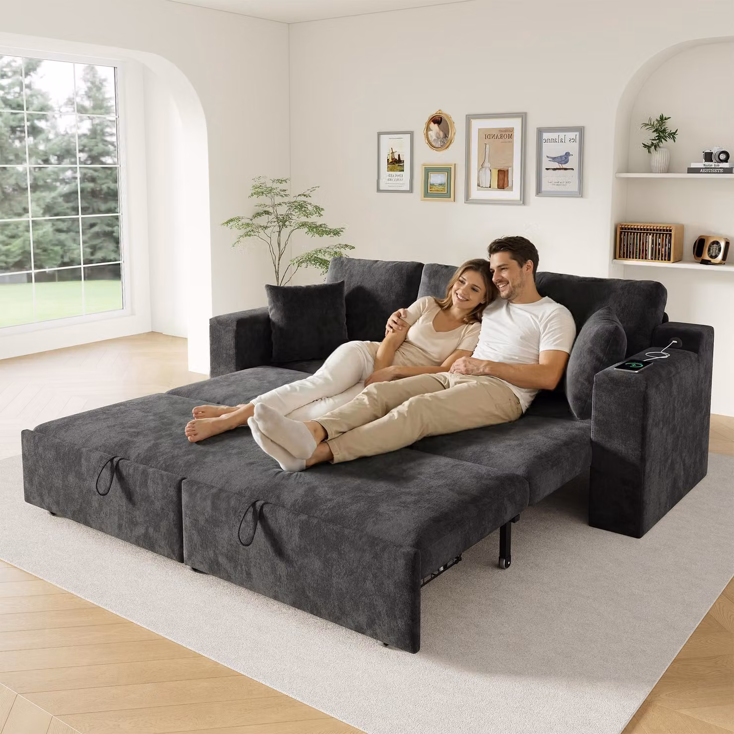 Divano letto 3 in 1 Merax, divano multifunzionale con funzione letto, porte di ricarica USB, vano portaoggetti, divano letto per soggiorno e camera da letto, grigio