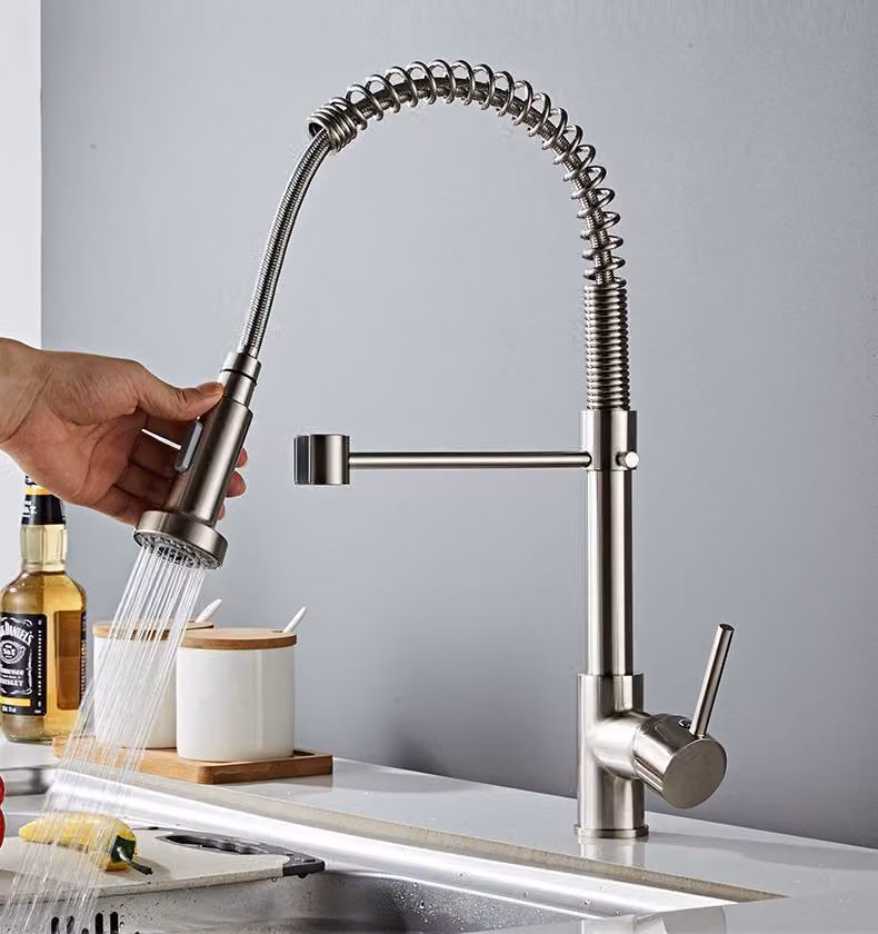 Rubinetto estraibile da cucina, miscelatore da cucina con molla a spirale a 360°, rubinetto da cucina, spray a due funzioni, grigio,