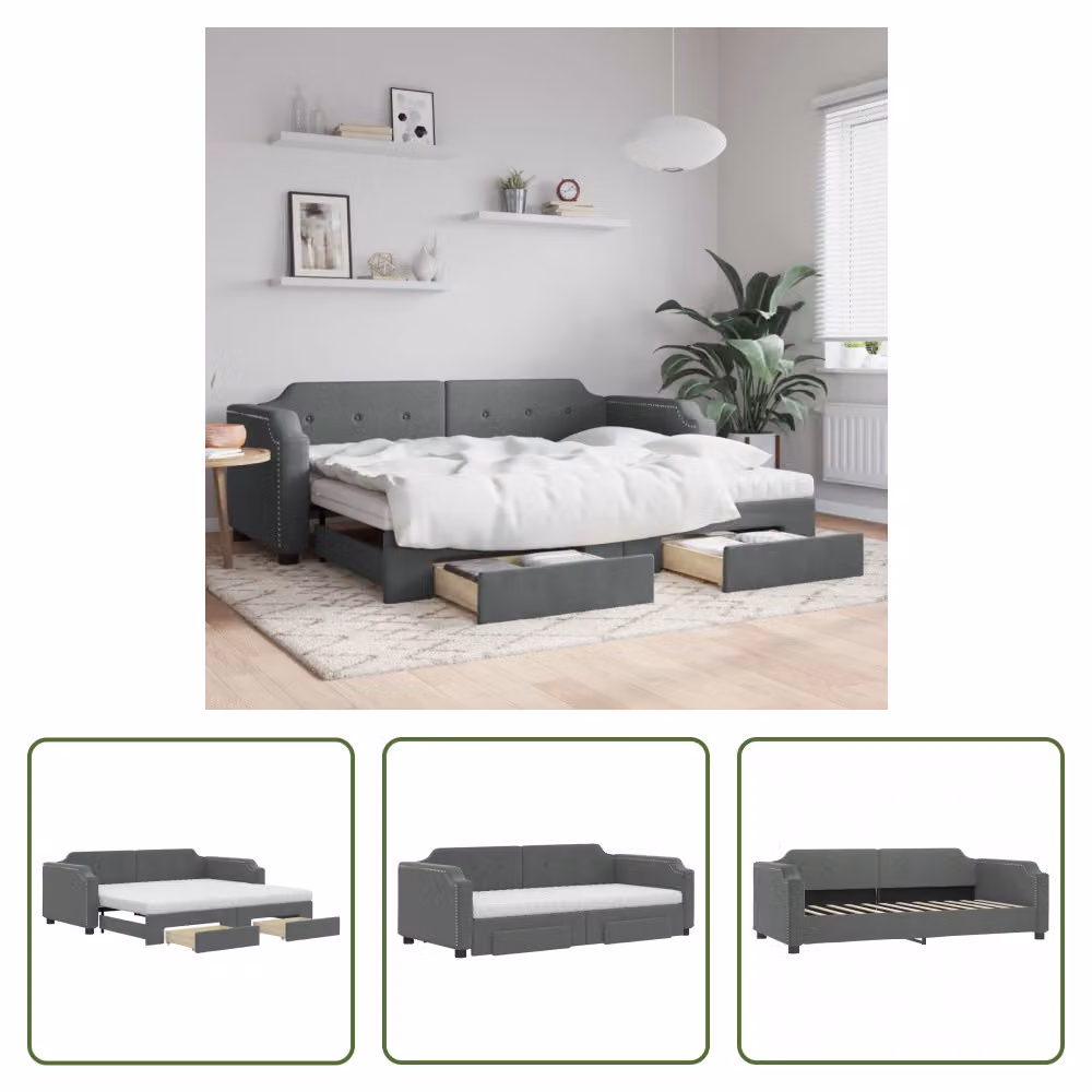 The Living Store Letto da giorno allungabile con cassetti grigio scuro 100x200 cm tessuto