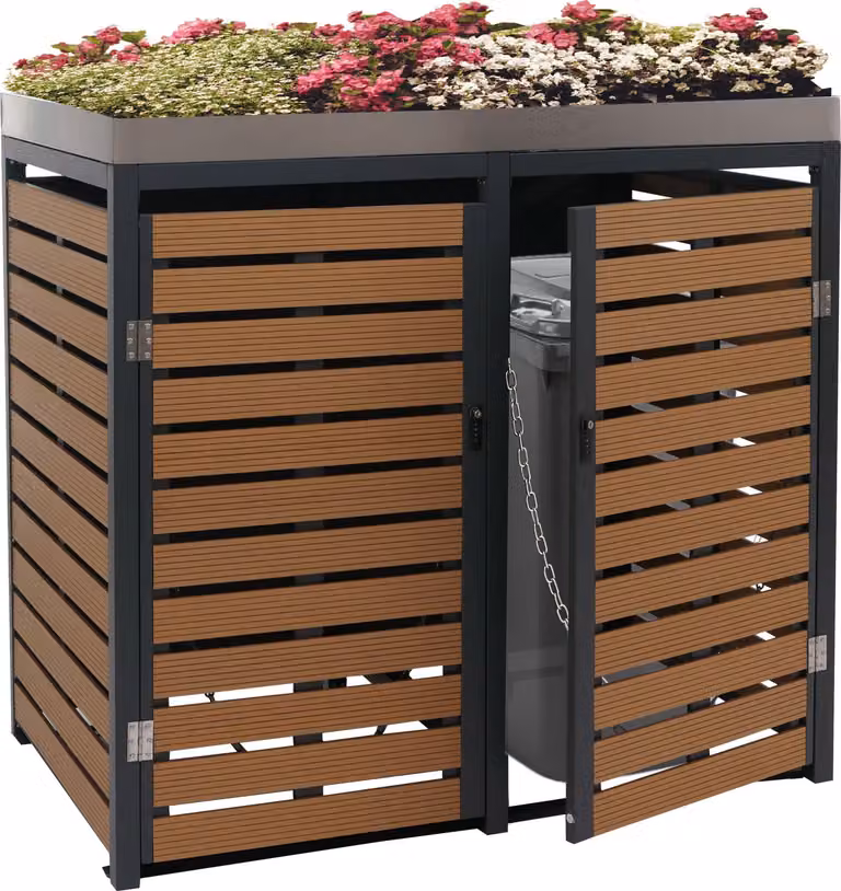 2 contenitori per rifiuti HWC-K14, contenitore per rifiuti con fioriera, 124x134x84cm WPC acciaio inox 79kg ~ look teak