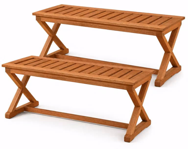 KOMFOTTEU, panchina da giardino a 2 posti, realizzata in legno con struttura a forma di X, panchina in legno senza schienale con traversa rinforzata, capacità di carico fino a 200 kg, ideale come porta-scarpe per ingresso, balcone e terrazza, dimensioni: