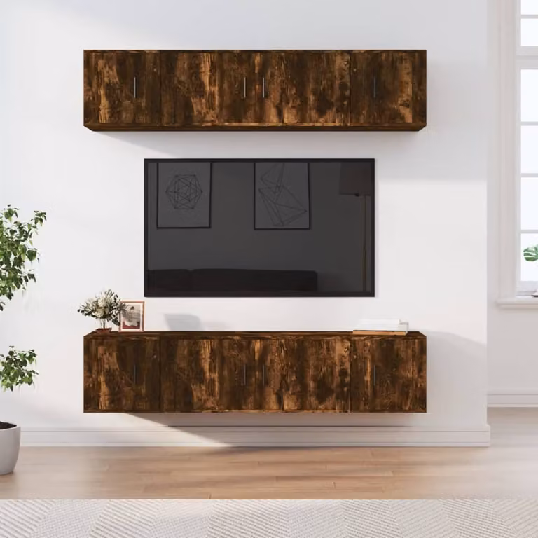 Set di mobili porta TV vidaXL da 6 pezzi in legno Rovere e MDF, colore marrone, design classico da parete per soggiorno