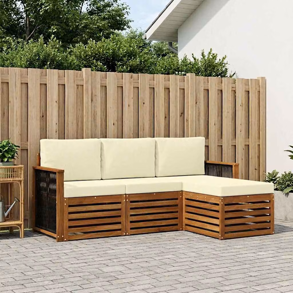 Set di divani da esterno vidaXL a forma di L in legno di acacia con pouf e cuscini, Colore Marrone, Beige e Bianco