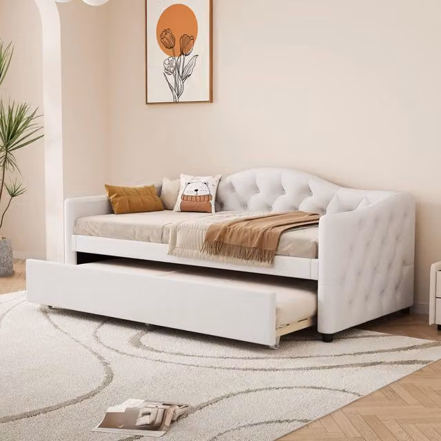 Divano letto allungabile di 90x200 cm colore beige rivestito in lino