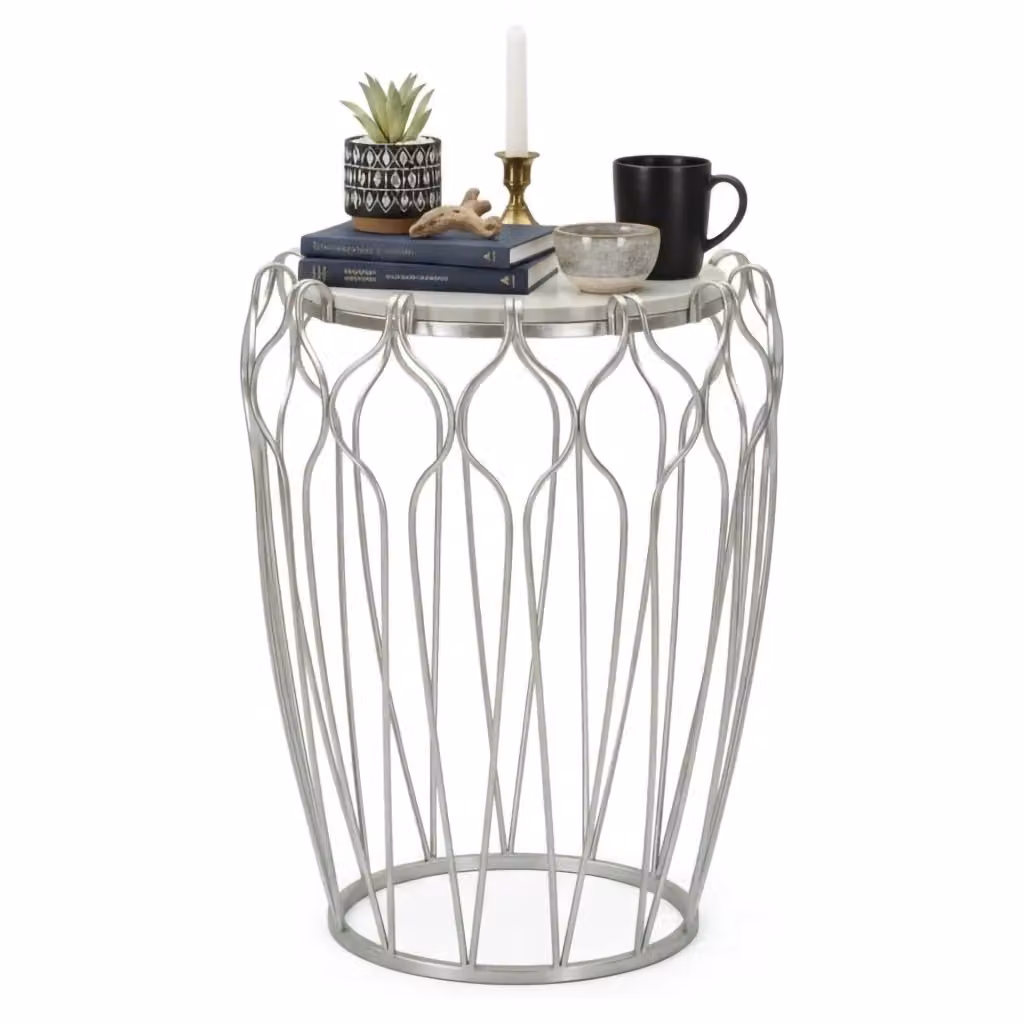 Tavolino da salotto moderno DMORA con piano in marmo e struttura in metallo argento, L/P/H: 47,5 x 47,5 x 61,5 cm – 2