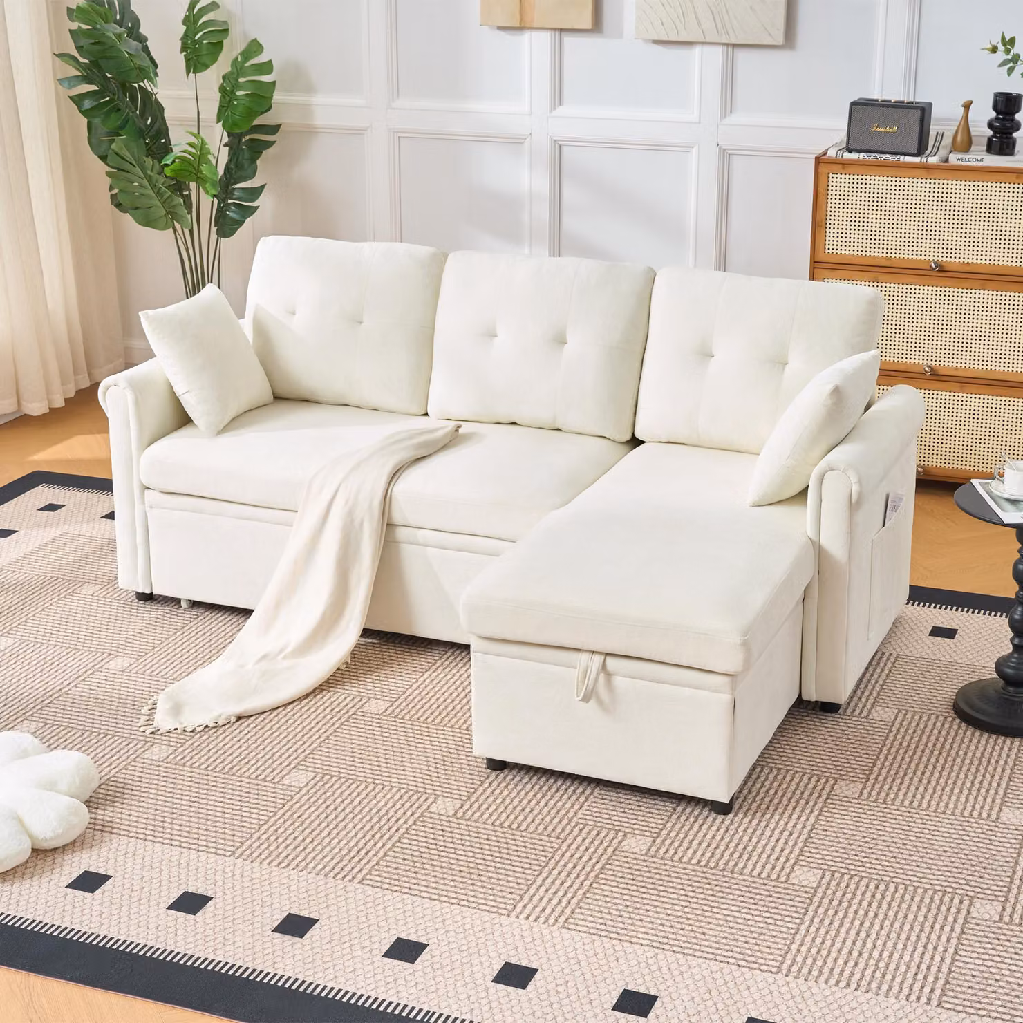 Divano angolare Stilvora con contenitore a cassettone per spazio extra e funzione letto. Pratico divano letto con chaise longue montabile su entrambi i lati. Divano a forma di L, ideale per soggiorno o stanza degli ospiti. Colore: beige