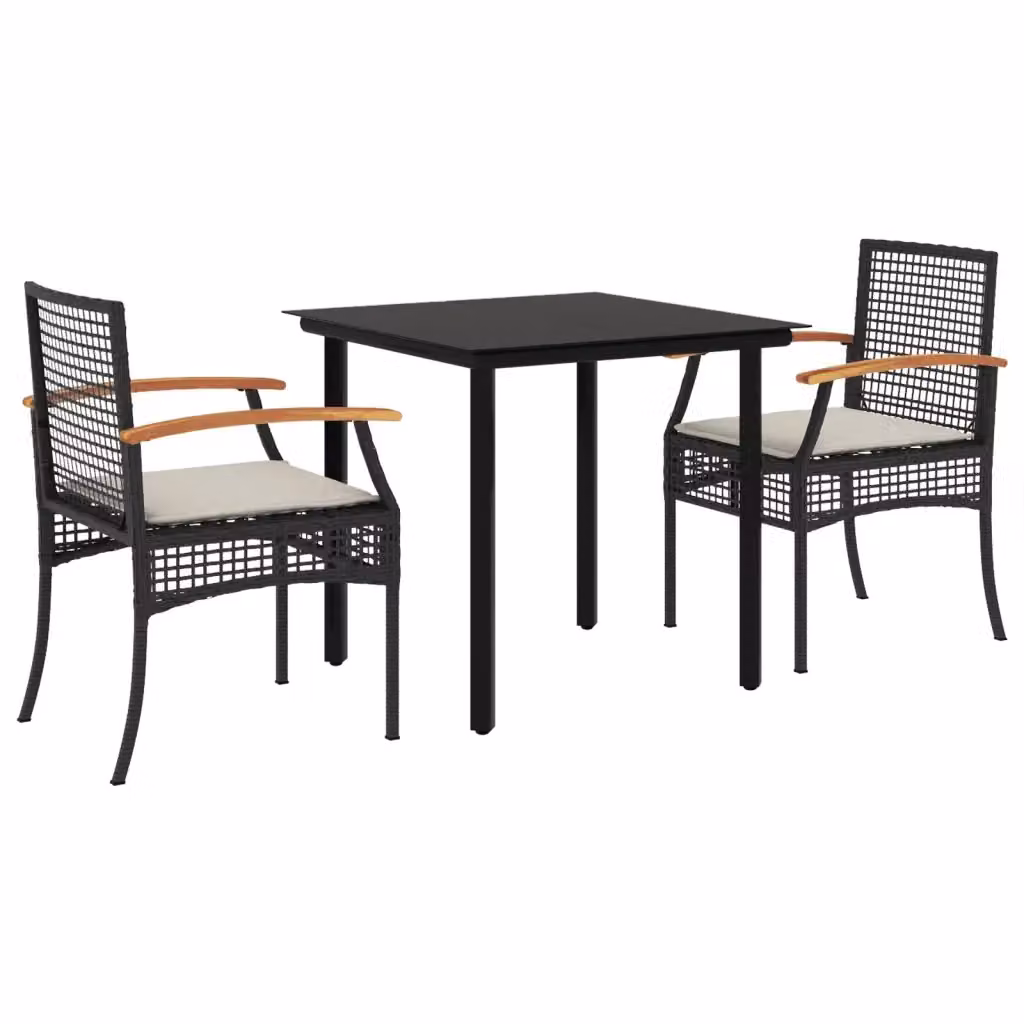Set da Pranzo da Giardino 3 pz vidaXL in Polyrattan e Legno di Acacia con Cuscini e Tavolo in Vetro Nero e Bianco – 2