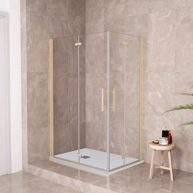185 cm Box Doccia Angolare 76x90 cm Doppia Porta Battente Pieghevole Vetro Temperato Trasparente 6 mm Anticalcare Telaio Dorato Spazzolato