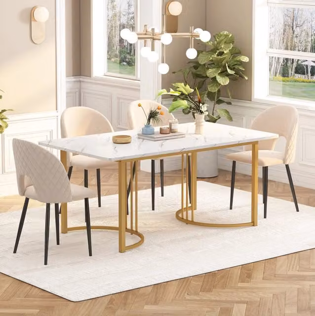 Set da pranzo moderno con tavolo 140x80 cm in MDF bianco e 4 sedie in velluto beige con motivo a diamante