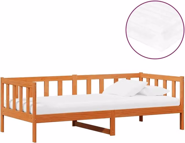 Letto singolo moderno vidaXL in legno di pino con materasso in schiuma, Marrone e Bianco, L/P/H: 203.5 x 90 x 66 cm – 1