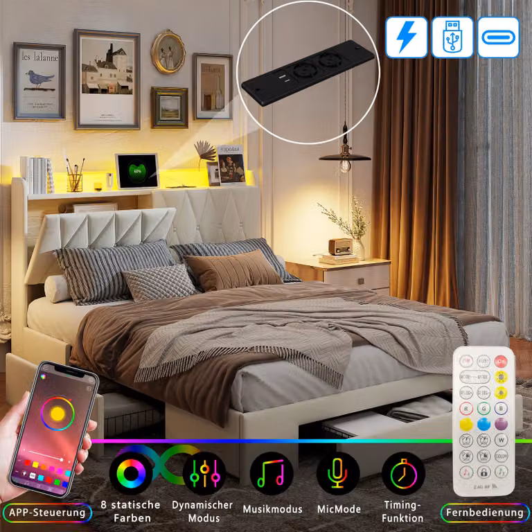 Letto imbottito ProximaX 140x200 con USB e prese, letto contenitore con rete a doghe, letto matrimoniale con 3 cassetti, letto classico per ragazzi, velluto, beige