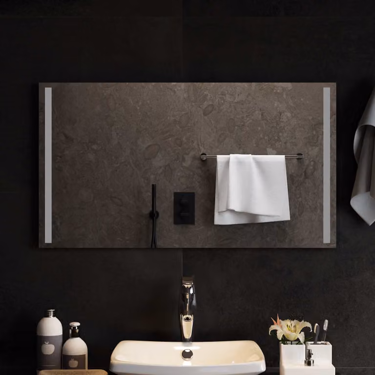 Specchio da bagno moderno vidaXL con illuminazione LED in vetro temperato trasparente, L: 90 cm, H: 50 cm