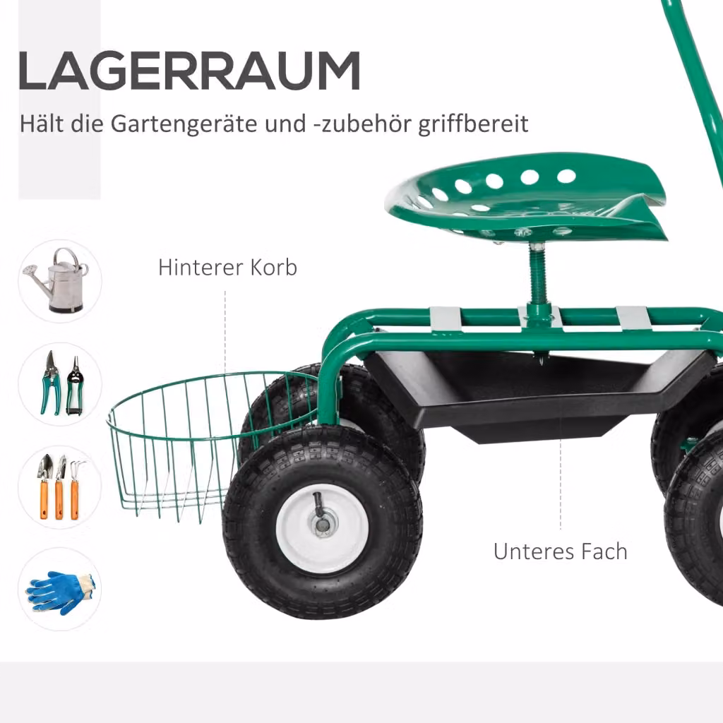 Carrello da giardino con sedile girevole REDOM in metallo verde L/P/H: 81 x 44,5 x 46-59 cm – 2