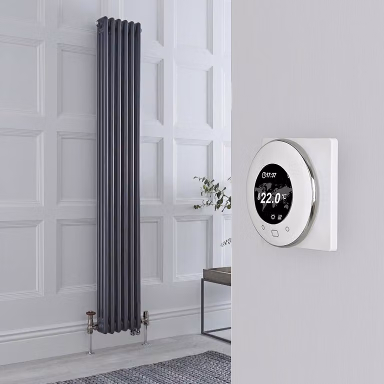 Radiatore Misto Verticale Antracite Triplo con Valvole in Nichel Satinato con Termostato WiFi - 1800mm x 290mm - Regent