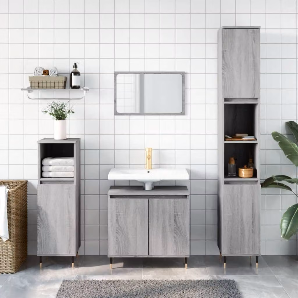 Set di mobili da bagno moderno vidaXL composto da 3 pezzi in legno e metallo, colore grigio opaco