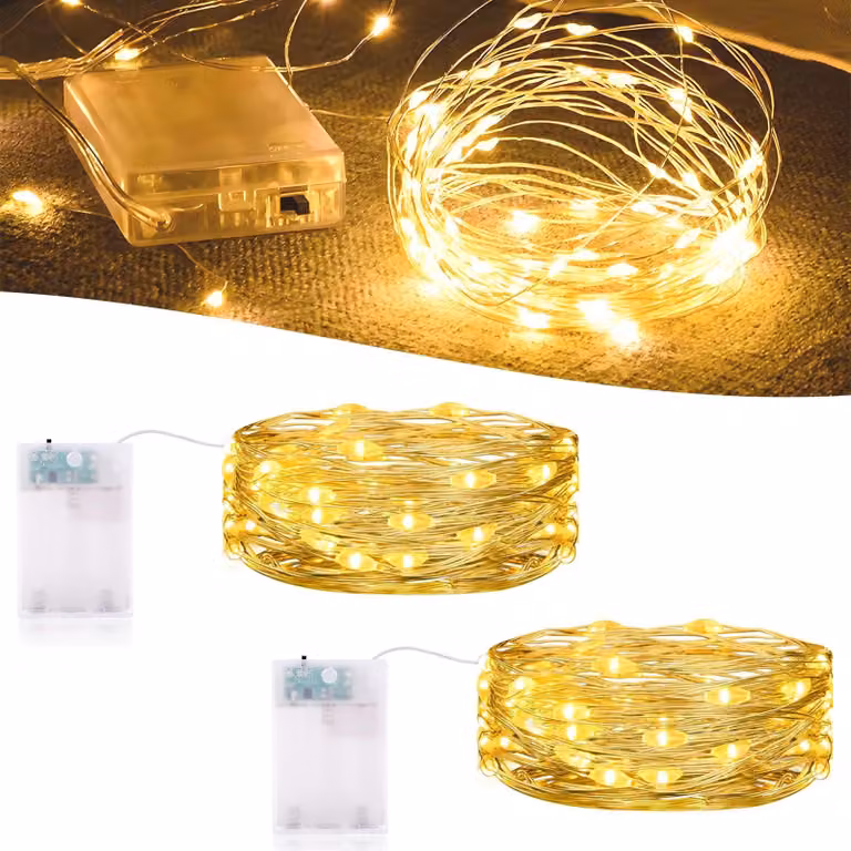 Set di 2 catene luminose a micro-LED, lunghezza 3 metri, 30 LED, luce bianco caldo, con timer