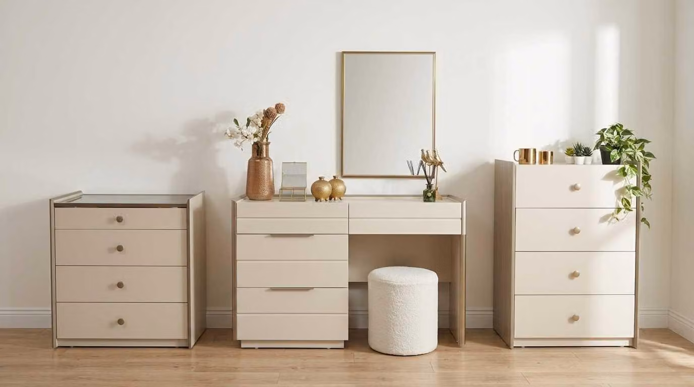 Comò, specchio, sgabello e altri elementi per un set da toeletta beige, dal design moderno e