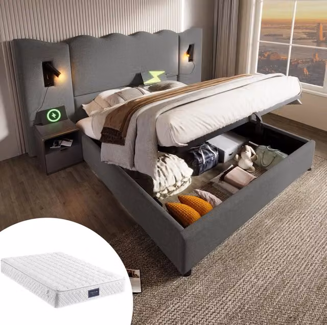 Letto matrimoniale imbottito ULEVR 160x200 cm con contenitore idraulico, luci da lettura, USB e Type-C, materasso incluso