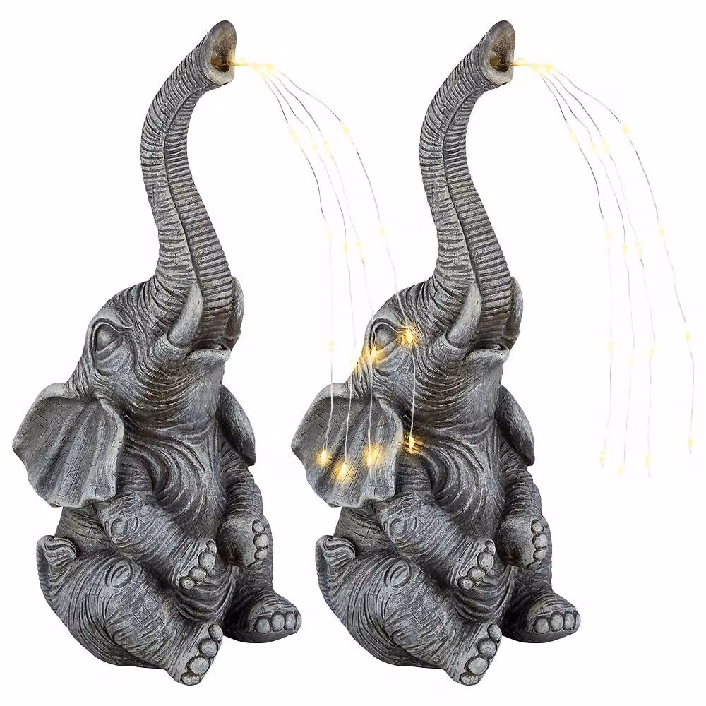 Set di 2 lampade solari a LED, a forma di elefante, grigie, alte 32,5 cm