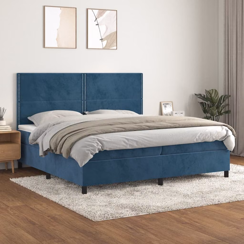 Letto con Giroletto a Molle e Materasso Ibrido vidaXL in Velluto Blu Scuro L/P/H: 200 x 200 x 203 cm