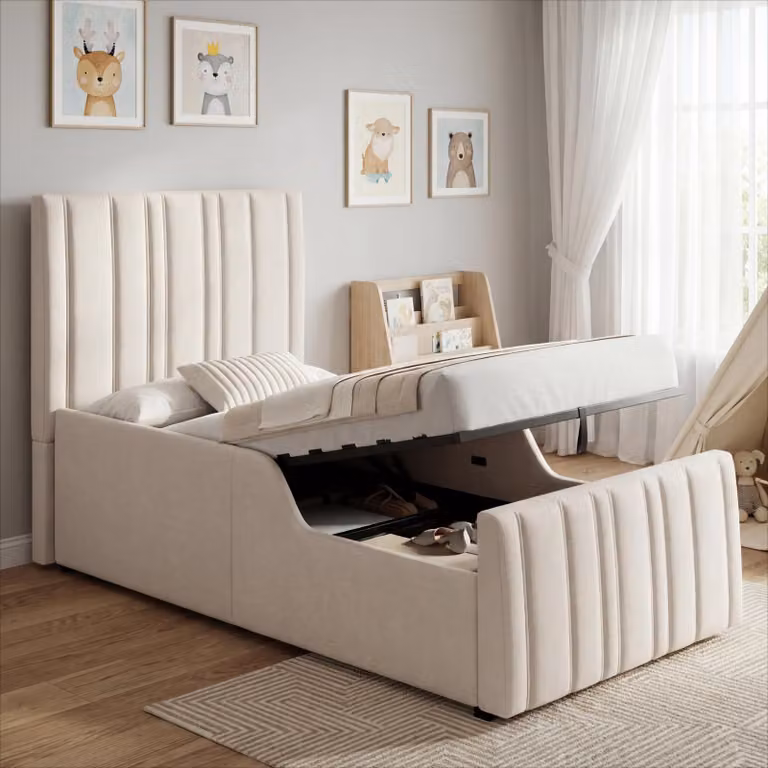Letto matrimoniale idraulico Merax 90x200 cm con spazio contenitore, letto singolo, letto multifunzione con rete a doghe, imbottitura, tessuto in lino, color beige