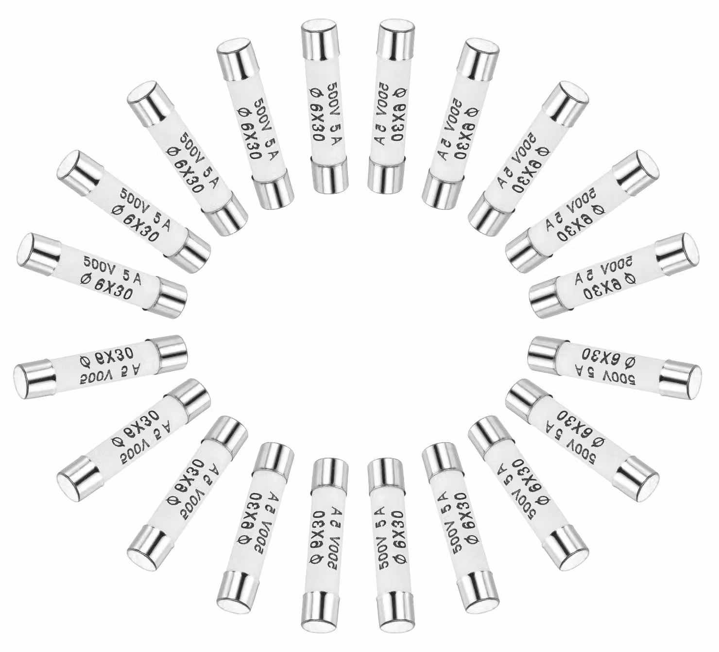 Fusibili ceramici, 5 A, 500 V, dimensioni 6 x 30 mm, confezione da 20 pezzi