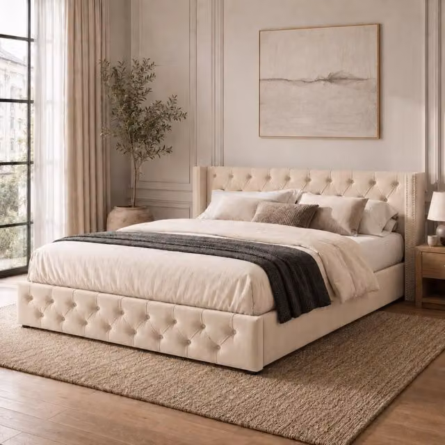 Letto imbottito 180x200 cm con contenitore; velluto beige (Senza materasso)